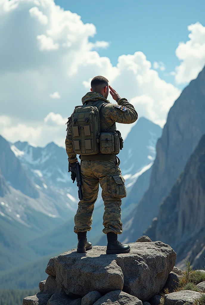 (photorealism:1.2), a soldier wearing combat on mountain and salute on air