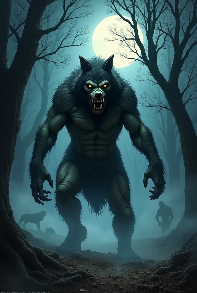 "In a dark, eerie forest under a full moon, a terrifying creature stands at the edge of a misty clearing. This being is a horrific fusion of a human and a werewolf, towering and muscular, with tattered remnants of clothing hanging from its powerful frame. The creature's face is a grotesque blend of human and wolf features, with glowing yellow eyes, sharp fangs, and a snout that contorts in a menacing snarl. Its fur is matted and dark, covering parts of its body while leaving patches of pale, scarred human skin exposed. Long, clawed hands flex with monstrous strength, and its stance is a mix of animalistic crouch and human readiness.

The background is a dense, shadowy forest filled with gnarled trees, their twisted branches reaching out like skeletal hands. Fog drifts low to the ground, adding to the sinister atmosphere. Behind the creature, the silhouettes of other terrifying beings—perhaps wolves, shadowy figures, or glowing eyes—are barely visible in the mist, suggesting that this beast is not alone. The ground is littered with fallen leaves and scattered bones, adding to the horror of the scene. The full moon casts an eerie light, highlighting the creature's horrifying form and casting long, unsettling shadows across the clearing, making the scene even more terrifying."