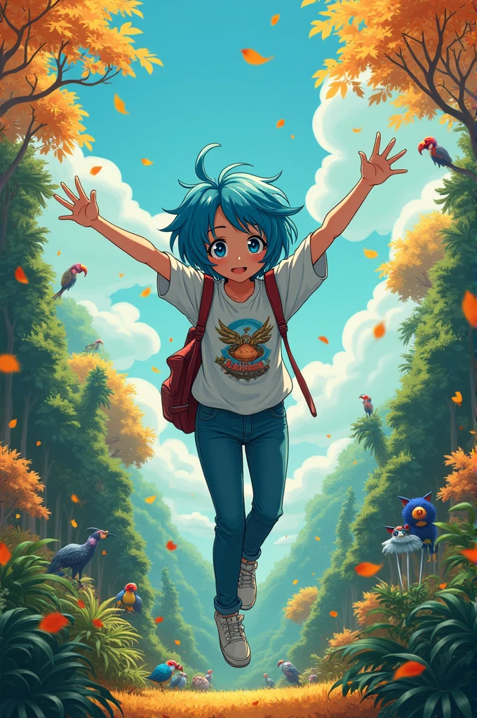 Generate a photo of anime character
In tshirt and jeans
Fall from sky to a field in front of a jungle with unusual animals
