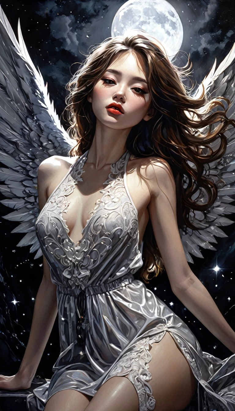 sexy demon girl, metallic wings,, night, moons, stars, eroticism,long brown hair, korean face features, sexy dress, sexy, black and white image, between shadows, oil painting, chiaroscuro, sensual, dramatic lighting, moody atmosphere, photorealistic, intricate details, masterpiece, ultra-detailed, high quality, 8k, best quality, realistic, cinematic, dark and brooding, expressionistic, powerful composition, emotional impact, {{{,{pussy,spread her pussy,cum,cum on pussy,masterbation,straddling,y}}},cute,ultra detailed skin,sketch}}}, ,}}}, art inspired by Bill Sienkiewicz and Dave McKean (best quality, 4k, 8k, high resolution, masterpiece: 1.2), ultra-detailed, (realistic, photorealistic, photorealistic: 1.37), details intricate, vivid colors, sharp focus, professional, Dave McKean artwork, surrealism oil touch, oil painting style, portrait, woman, beautiful detailed eyes, beautiful detailed lips, dreamy atmosphere, shadow play, lighting soft, fun pose, dark tones, ethereal background, fantasy elements, texture, layered composition.
