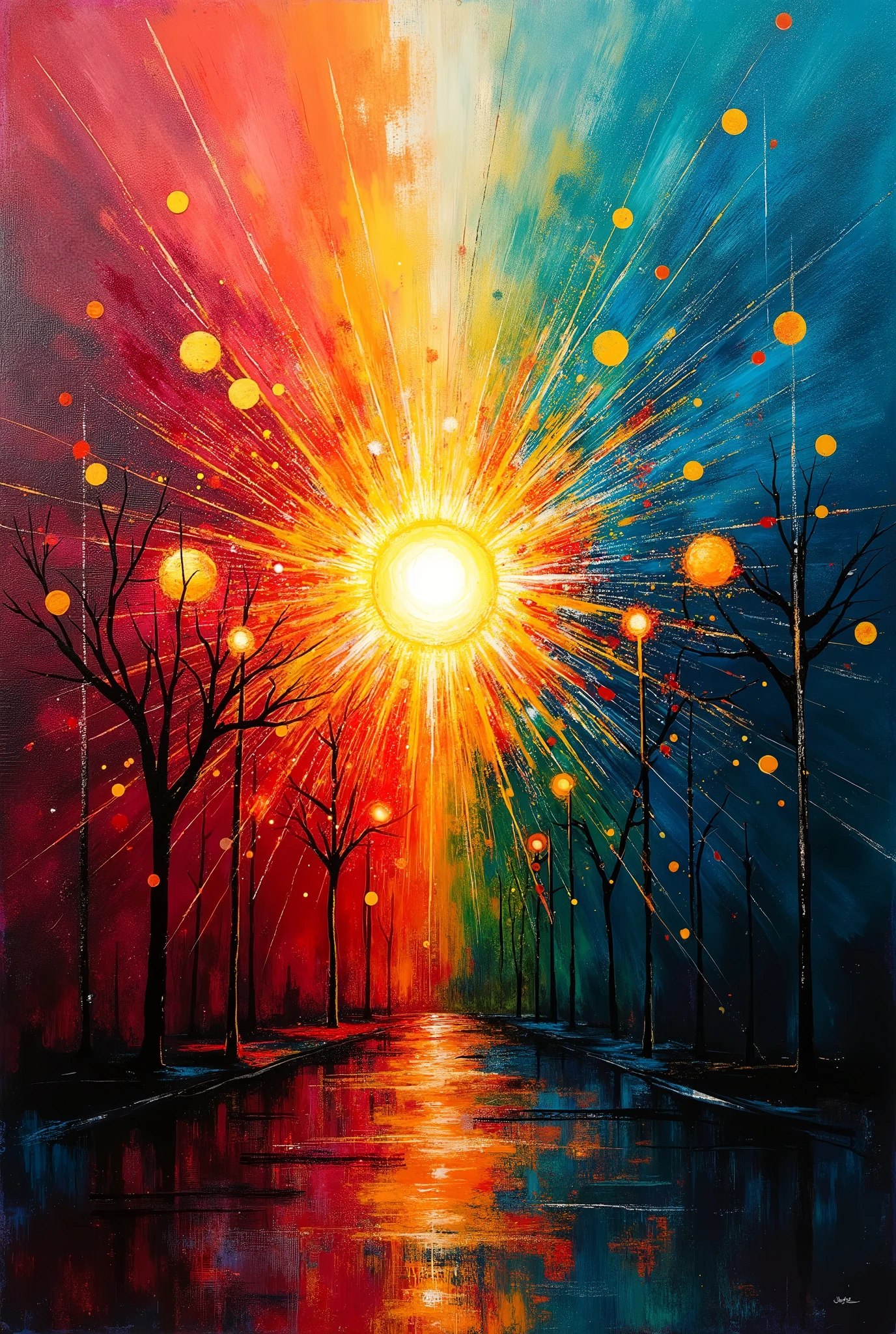 An explosive colorful aura, dynamic. superimposed graffiti tags oil gouache textures melting background, and bold acrylic brushstrokes, in a mesmerizing fusion of high-contrast street art and splash art techniques, Flooded with triadic colors, reflecting the principles of Bauhaus and the golden ratio, Symmetrical composition inspired by the rule of thirds, Executed with the ultra-detailed precision of trending digital art. 8k resolution. Rouge RGB #8E3535 Blue RGB #3852A4 Black RGB #151414 White RGB #EFE8E8 Yellow RGB #ECBE62 Green RGB #6EBE44 Red RGB #CC3333