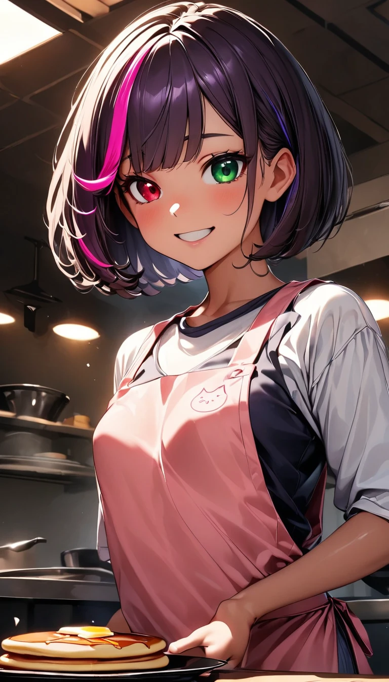 (highest quality:1.2, Very detailed, up to date, Vibrant, Ultra-high resolution, High Contrast, masterpiece:1.2, highest quality, Best aesthetics), Portraiture、girl、20-years-old, slim, , heterrochromia, green eye, red eye, stage、performance、Bright colors、Beautiful fine details、Beautiful lip detail、extra short hair, ((bob cut:1.5))、pink and purple ((streaked hair:1.9)), (highlights hair: 1.6), ((small breast:1.3), (tan skin:0.7), cooking、((cutting vegetables with knife:1.5)), kitchen, apron、Resolute expression、Avid Fan、Rock star aura、((cowboy shot:1))
