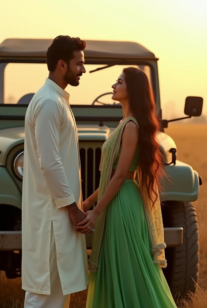 A man stands in front of his old jeep, gazing at a woman. She has long hair and is dressed in a green skirt, blouse, and dupatta. He is wearing a white long kurta with a mundu.