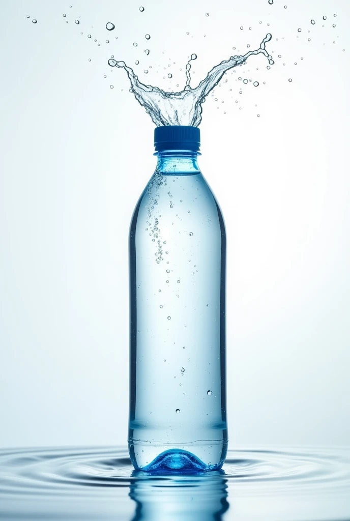 Take a photo of a clear water bottle placed on a light or white background, with water droplets splashing around it. Make sure that the water drops are falling or shooting out of the bottle., create a fresh and lively feeling.