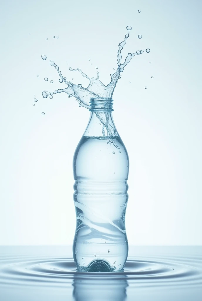 Take a photo of a clear water bottle placed on a light or white background, with water droplets splashing around it. Make sure that the water drops are falling or shooting out of the bottle., create a fresh and lively feeling.