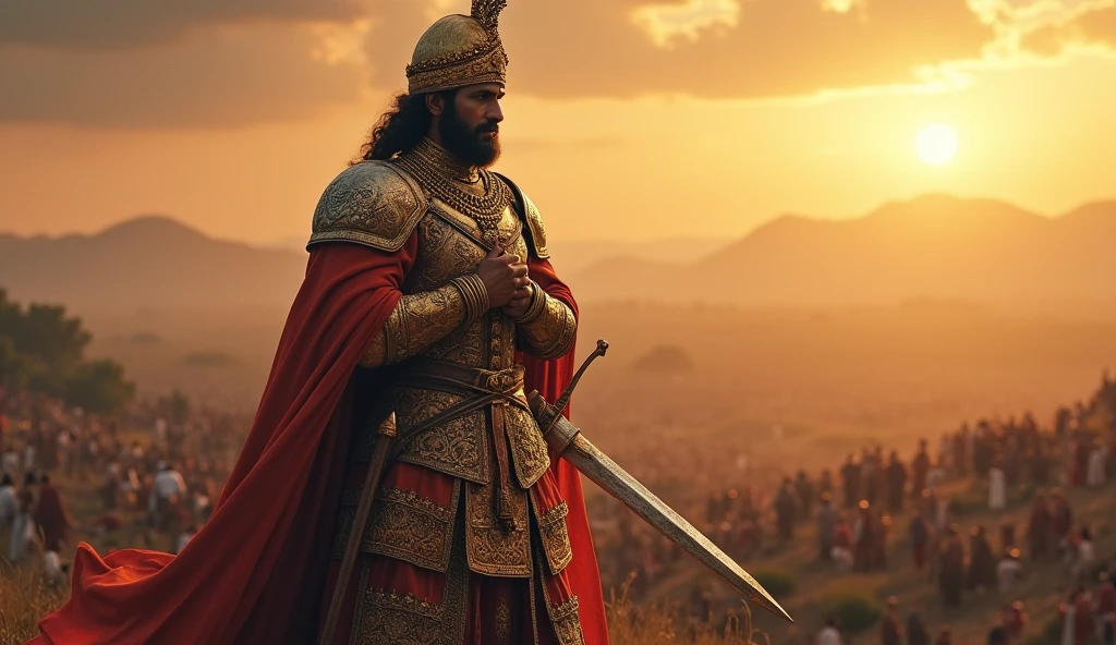 A majestic portrayal of Maharana Pratap, dressed in traditional Rajput armor, with a fierce expression. He stands tall on a hilltop, holding a sword with one hand, and the other resting on his heart, symbolizing his courage and loyalty. In the background, a vast battlefield can be seen with the sun setting behind the Aravalli mountains."