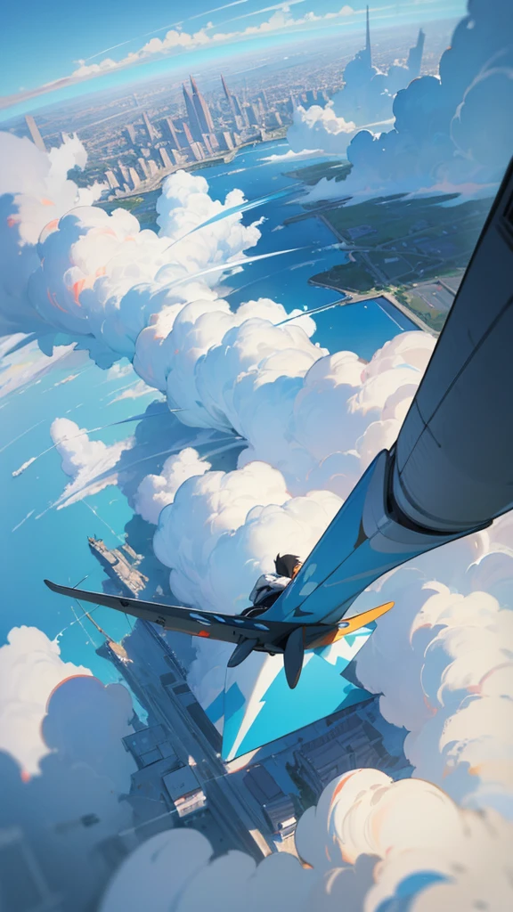 Flat painted hand-painted background, Makoto Shinkai's sky, blue, with a studio and city below, drone plane, large background generated from a rooftop perspective. The sky takes up a large proportion.