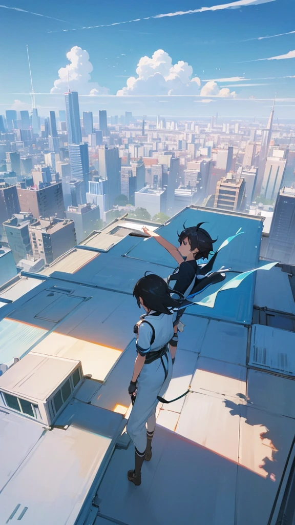 Flat painted hand-painted background, Makoto Shinkai's sky, blue, with a studio and city below, drone plane, large background generated from a rooftop perspective. The sky takes up a large proportion.