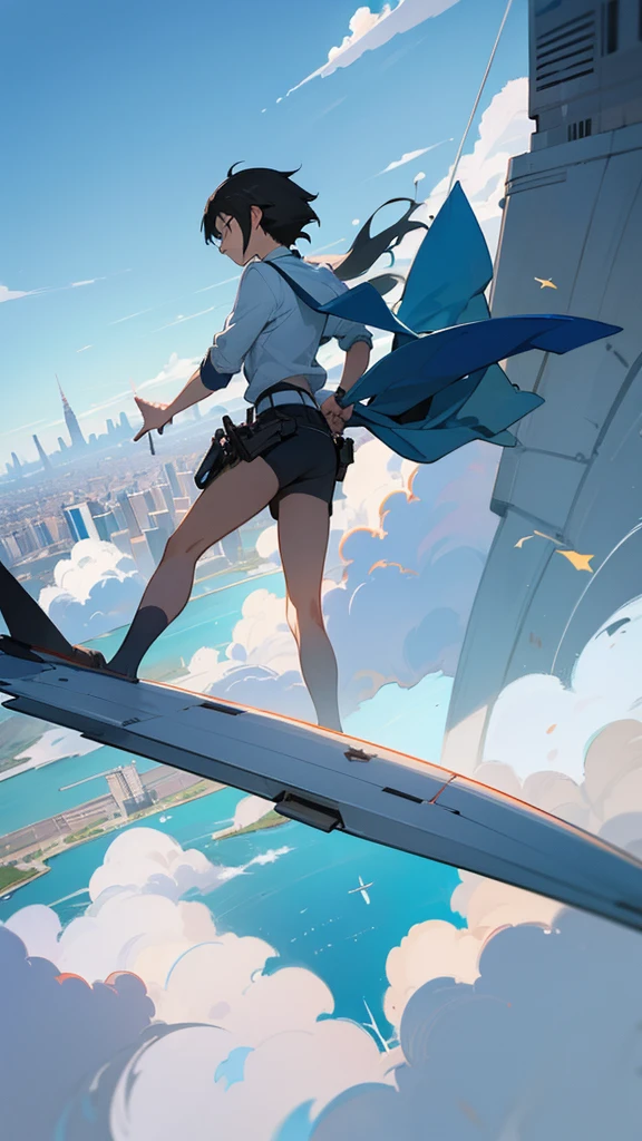 Flat painted hand-painted background, Makoto Shinkai's sky, blue, with a studio and city below, drone plane, large background generated from a rooftop perspective. The sky takes up a large proportion.