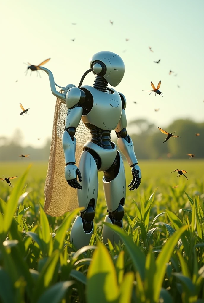 Robot to catch a locusts 
It has a vacuum cleaner in one hand and a net in another hand 