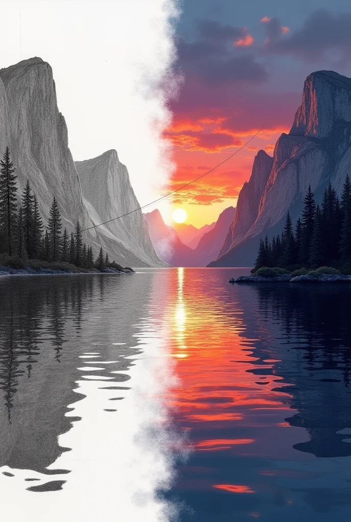 Sunset, A fishing line is cast into the water, Mountains, Calm waters, blend seamlessly, Zhang Daqian style, The artwork should transition from the black and white pencil sketch style on the left half to the vibrant colors on the right half.. Ensure the two halves integrate seamlessly.，with no dividing line.. The scenes on both sides are identical., The left side has detailed black and white pencil outlines.，on the right, filled with vibrant color., Create a fusion where the reflections of the water's hue.
