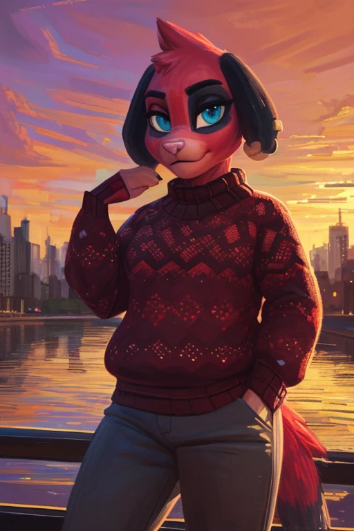 (lora) Cherry_(Animal_Crossing) uploaded to e621.net.' ((Pixelsketcher)),((youmudris)), ((solo portrait)), ((foreground)), ((I look at the viewer)), ((turquoise_Blue eyes)), ((pink nose)), ((red fur)),((a high resolution)), ((detailed fur)), ((masterpiece)), ((HD)), ((Burgundy sweater)), ((Gray trousers)), ((standing)),  big city, Lighting, sunset, evening.   