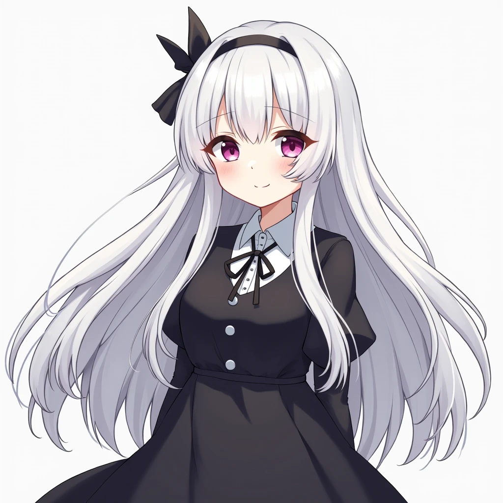 White Hair White skin kind Black dress anime whole body smile Long Hair
