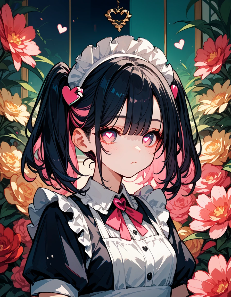 score_9_up,score_8_up,score_7_up,score_6_up, hadrian, rating safe, 1 girl, multicolored hair, black hair, pink hair, bangs, medium twintails haircut, heart-shaped pupils, heart hairpin, Maid outfit