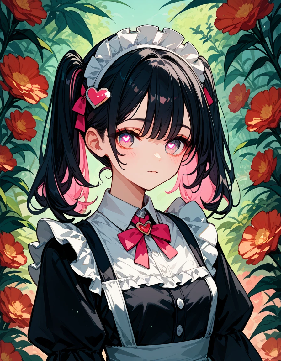 score_9_up,score_8_up,score_7_up,score_6_up, hadrian, rating safe, 1 girl, multicolored hair, black hair, pink hair, bangs, medium twintails haircut, heart-shaped pupils, heart hairpin, Maid outfit