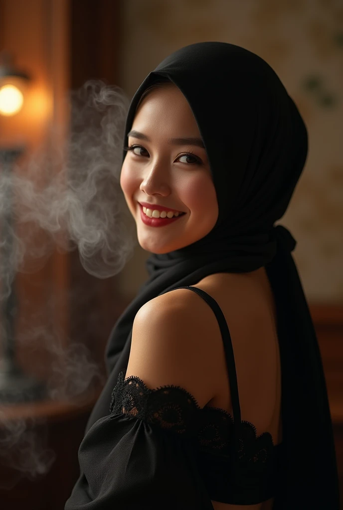 In this photograph, an Indonesian Instagram female model in her mid-20s takes center stage. , (highly detailed face:1.4) (smile:0.7) (backround 5 star hotel , moody, private study:1.OV, by lee jeffries, nikon d850, film stock photograph ,4 kodak portra 400 ,camera f1.6 lens ,rich colors ,hyper realistic ,lifelike texture, dramatic lighting , cinestill 800, realistic, wearing Black lingerie, she wears a luxury brocade hijab, ((hijab)), actress, karla ortiz, posing!!, candid picture, by Max Dauthendey,Completing the aesthetic, the model show her breast. ((big breast:1.3)), yo can see the nipple visible,The photograph is meticulously captured in 8K resolution using cutting-edge techniques such as Cinema 4D and Octane Render, resulting in a highly detailed and photorealistic image. Studio lighting, HDR, and a smoky mist create a captivating ambiance, while the bokeh effect adds an artistic touch, put details on fingers