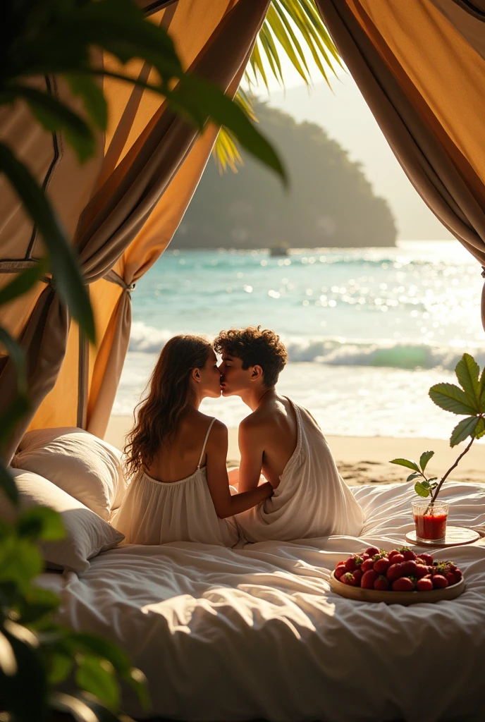 Please a jungle near the a beach and there will a tent house.and under the house a girl and a boy.girl wear a white grown and boy only wear a paint whithin shirt and together romance on a bed and bedsheet is white colour under the house and kissing together and hugging together tightly. And that is morning background. There alone together. That beach.near a cup of straberry. She is and he is 18 years old.