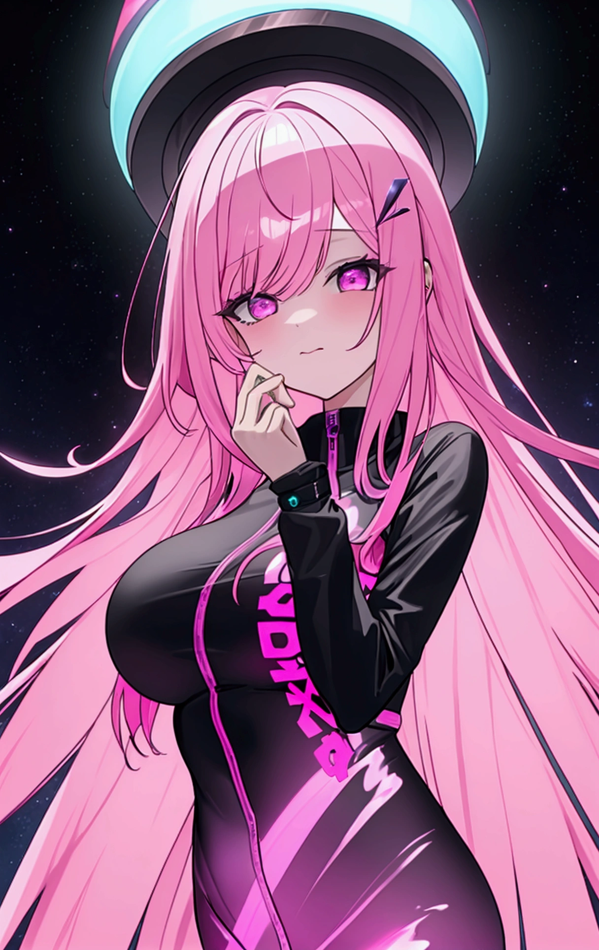 Woman with long pink hair, night, neon, Flying Saucer, abduction, Galaxy Background, neon lights, Black clothes with LED,  4K  , {{The alien who came to Earth captured an Earth girl and peeled off her skin to wear it, impersonating her.}}, Big Breasts, Adult women, Super detailed, Ultra-detailed, Official Art, NSFW