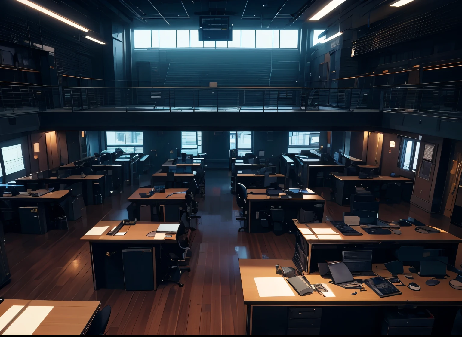 the inside a police precinct with multiple desks, large windows, city in the background, realistic, photorealistic, 8k, high quality, intricate details, cinematic lighting, dramatic mood, muted color palette, architectural elements, police officers, office furniture, computer equipment