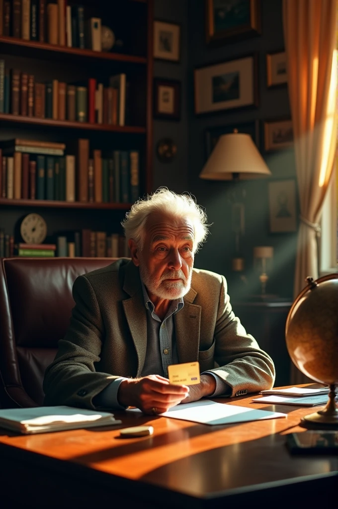 Homme de 70 ans assi dans son bureau et tenant en main une carte visa