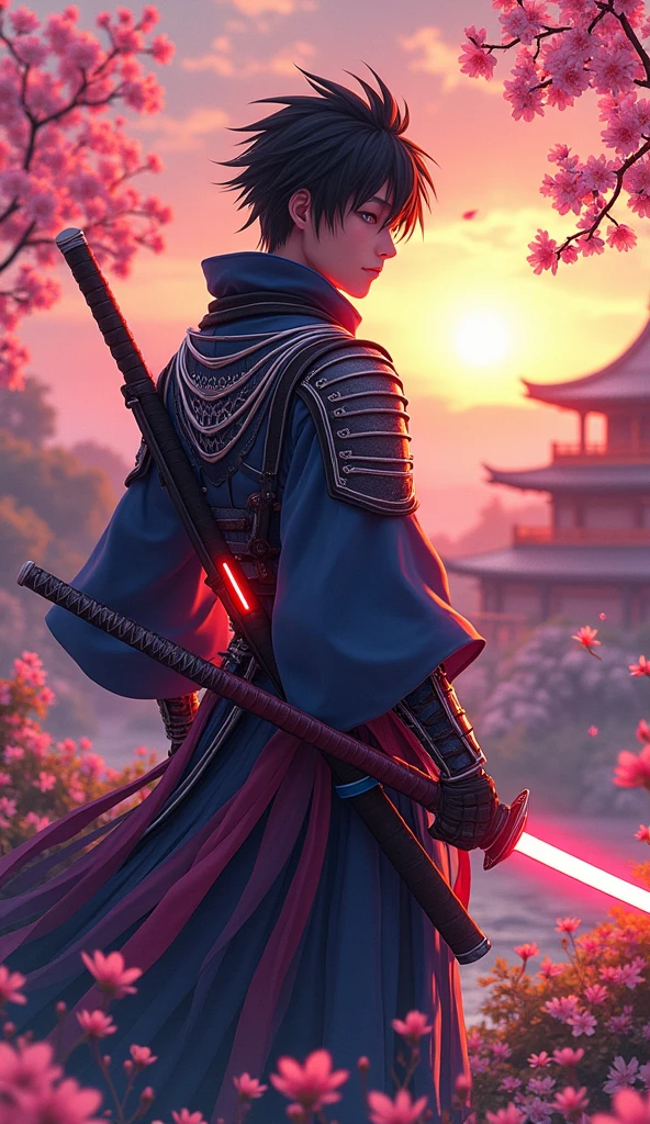 A dynamic, young samurai hero with spiky hair, wearing traditional armor mixed with vibrant modern accessories. He wields a glowing katana with futuristic energy, standing confidently in a windswept Japanese landscape with cherry blossoms. The background features a traditional village at sunset, rendered in bright, high-contrast colors typical of shonen anime, with action lines and dramatic lighting.