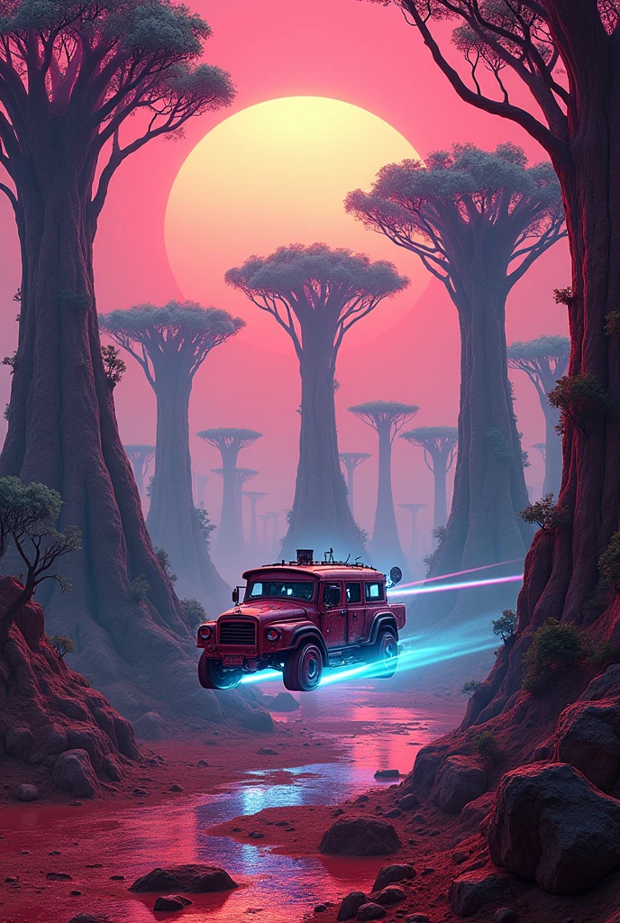 Style - cyberpunk, Futurism. A flying steam engine races through the forest, electromagnetic cushions instead of wheels. Every tree has a mechanical part. Everything happens on Mars. Mechanism Detailing. Tree Detailing