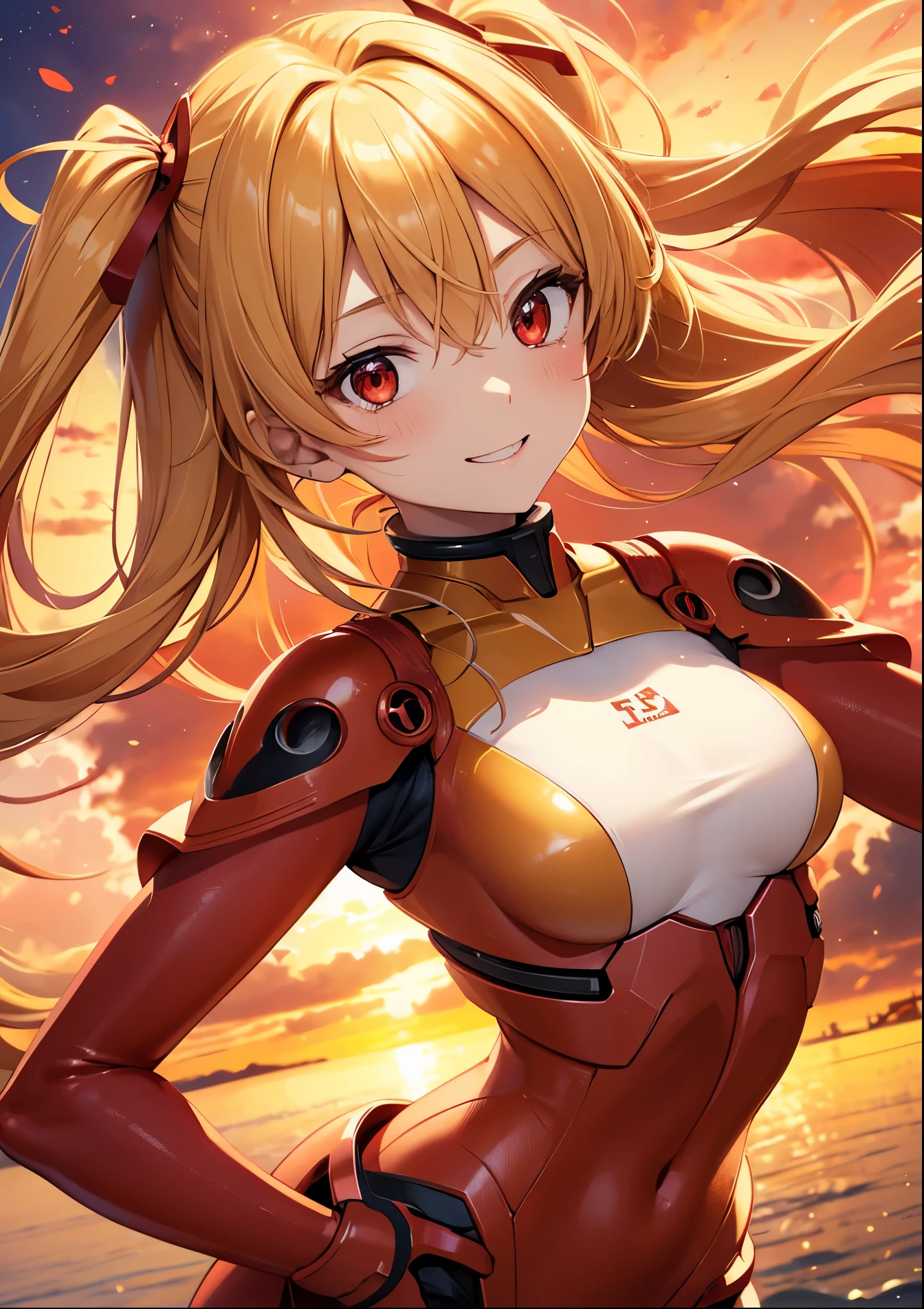 Masterpiece, Hi-Res 1.4), best quality, illustration, miniature, one girl, idol style anime character, red plug suit like Asuka from Evangelion, cute face, big mouth, full face, smiling, lovely face with kind eyes, cheerful expression, beautiful blond twin-tail, golden hair, red ribbon short twin, small breasts, high quality, perfect dynamic composition, close-up, beautiful red eyes with details, beautiful blonde twin-tail, short twin, red ribbon, perfect composition, red eyes with details, facing front, red plug suit, lighting sunset high quality perfect composition, red with details eyes, lighting sunset, film light