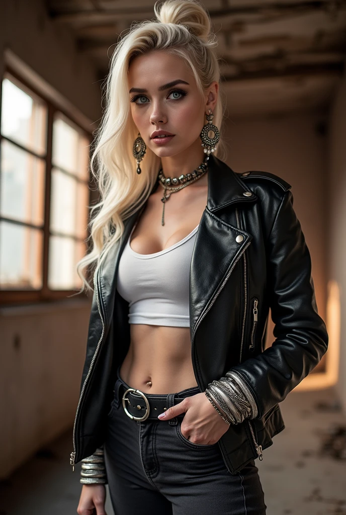russian milf, platinum blonde hair in top bun ,with very light blue eyes, pale, heavy eye shadows. Sad face, smeared make up, runny mascara. Wearing black moto jacket, sports bra, black skinny jeans and white tennis sneakers. Lots of metallic braceles and collars. Tacky leather belt with oversized buckle. Wide loop earrings. Scared face.