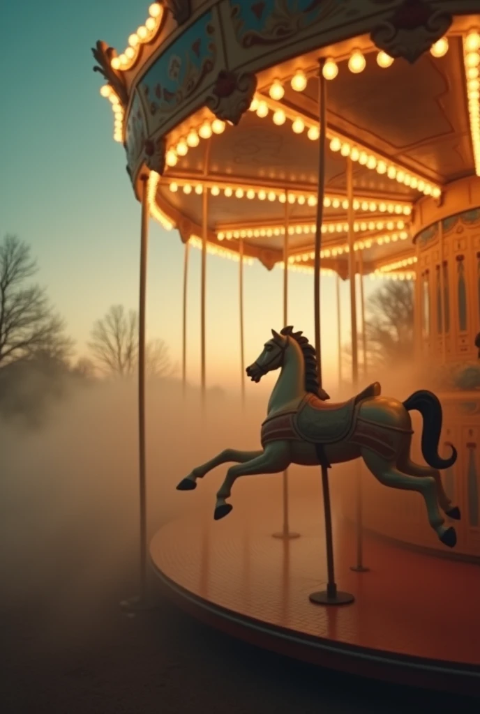 Dreamlike, hazy, warm-toned carousel scene with a vintage, 1950s postcard feel. The carousel’s brass horses glow faintly under a dusky, twilight sky, as if suspended in a slow, surreal moment. A misty, cinematic lens flare adds to the melancholic, otherworldly vibe