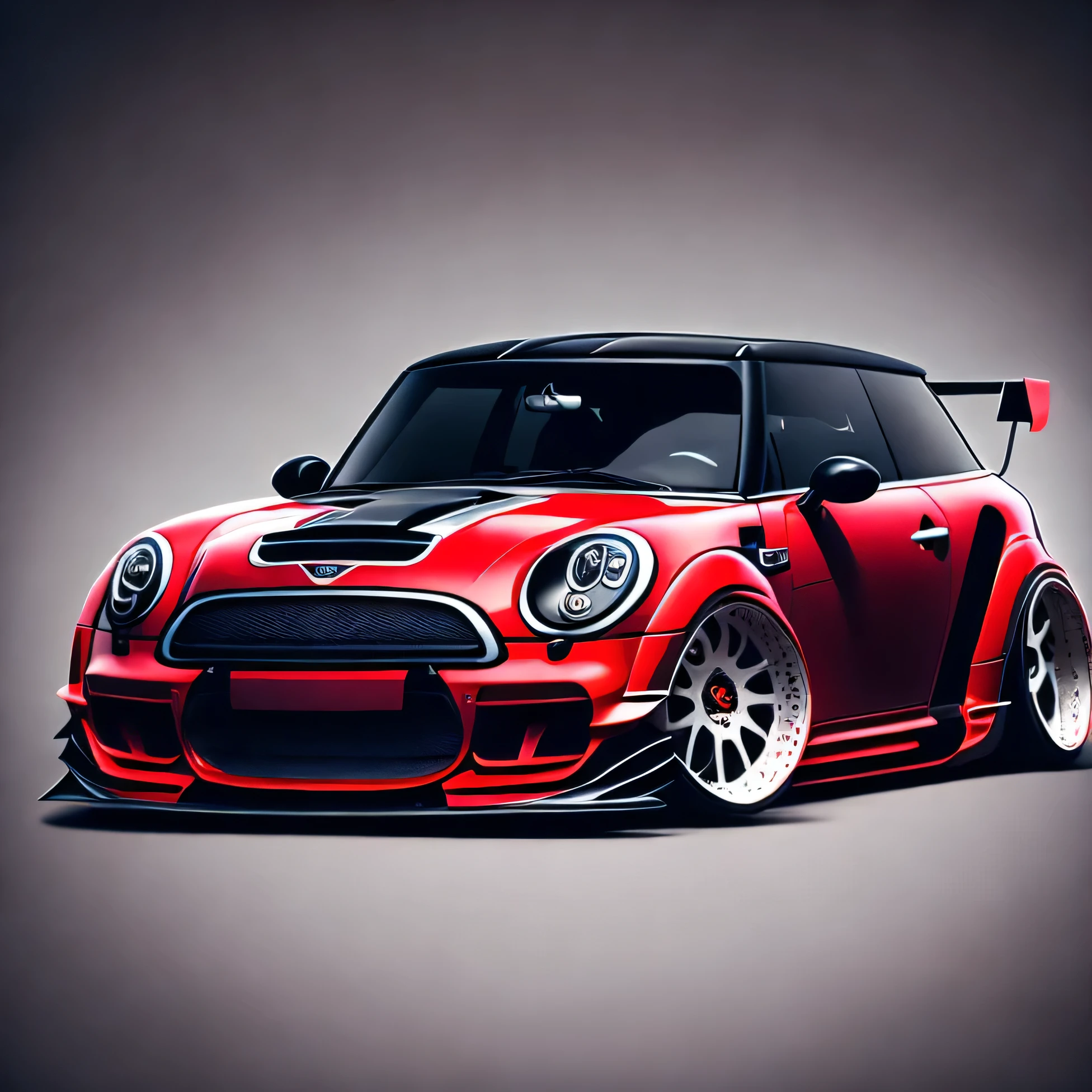 Artwork for t-shirt graphic design a modern graphic design front profile shot F56 Mini Cooper S red colour scheme, Zephyr Designz carbon fibre body kit design, Liberty walk ultra wide body kit, aggressive stance background: racetrack, outside old industrial style building, large windows in background, bright sky, heavy industrial look, 8K quality, realistic, realism, sharp, detailed, ultrawide, ,epic ultra wide body kit, super low stance, aggressive looks , vector image, t shirt design circular faded edges