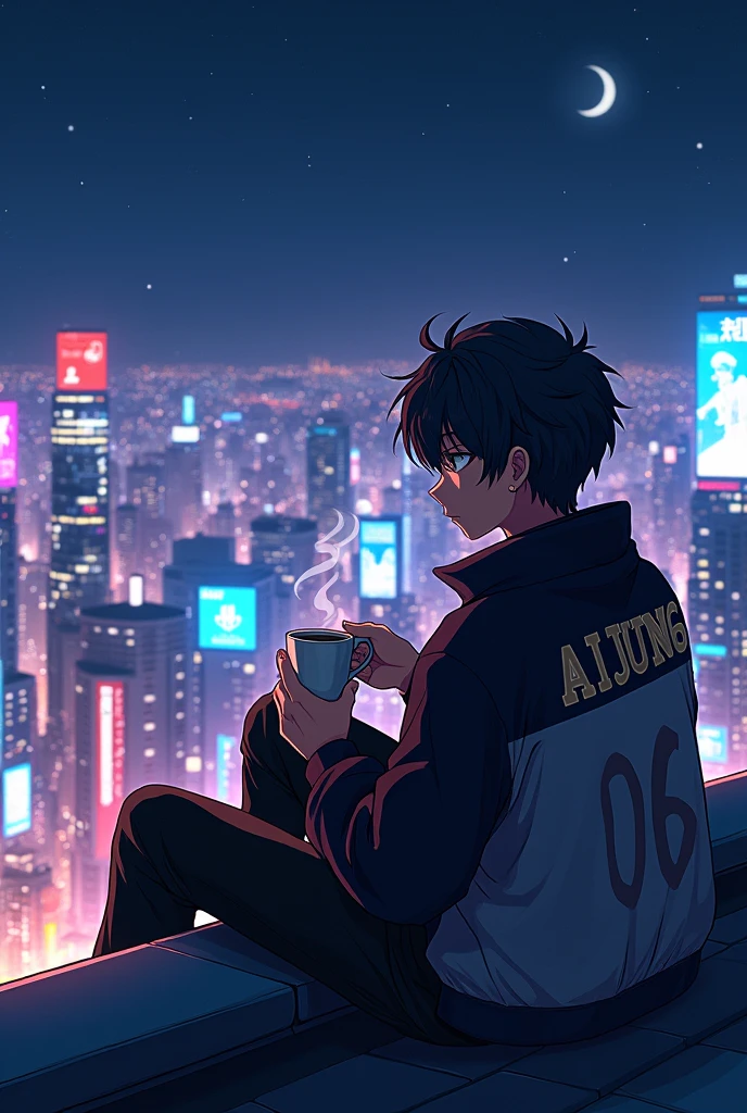 Cool anime Boy Chilling in the night rooftop with the back of his jacket name AIJUN06 while holding a cup of coffee while looking the cities 