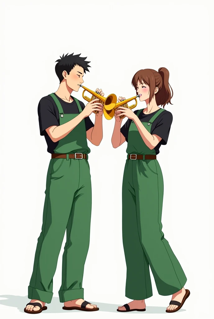 A man and woman wearing green long-sleeved casual overalls playing the trumpet. The overalls are connected all over, they are wearing belts and black T-shirts underneath. The top and bottom are connected. I would like it to be anime style, the background is white.