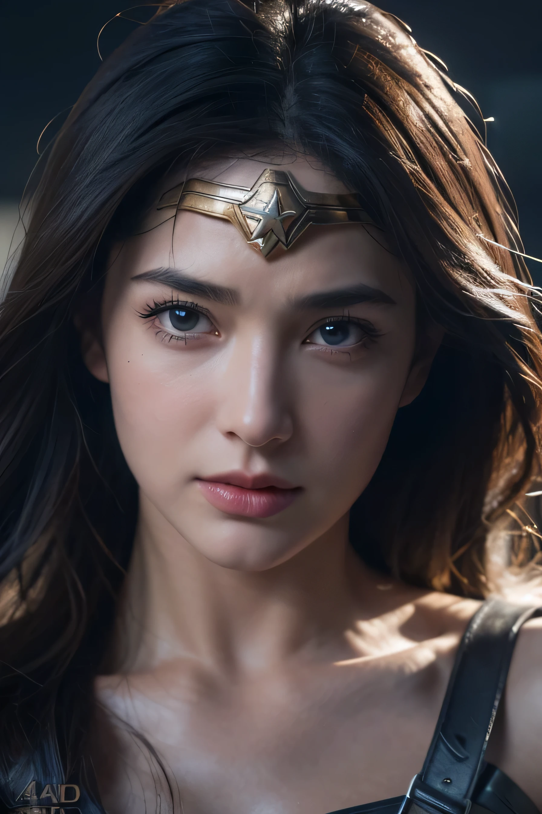 (Highest quality,4K,High resolution:1.2),Very detailed,(Realistic:1.37),Beautifully structured scenes,Dramatic lighting, Wonder Woman from a close-up shot in DC, Twisted space, twisted undead in the background,lens blur,Light Shaft, intricate and complex details, Volumetric lighting, 4K Rendering, Stock Photo, hyperRealistic texture, HDR lighting effects, Unreal Engine