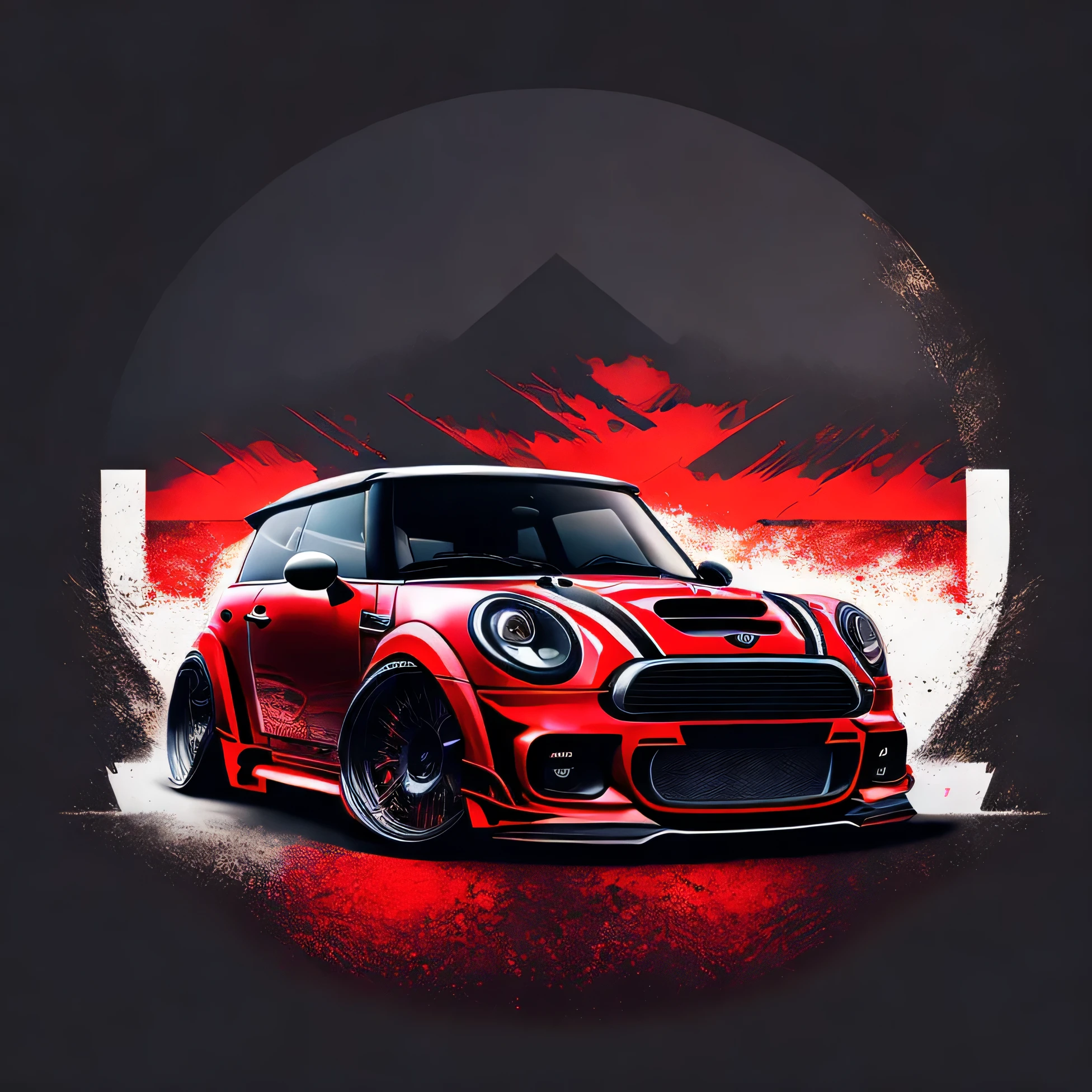 Artwork for t-shirt graphic design a modern graphic design front profile shot F56 Mini Cooper S red colour scheme, Zephyr Designz carbon fibre body kit design, Liberty walk ultra wide body kit, aggressive stance background: racetrack, outside old industrial style building, large windows in background, bright sky, heavy industrial look, 8K quality, realistic, realism, sharp, detailed, ultrawide, ,epic ultra wide body kit, super low stance, aggressive looks , vector image, t shirt design circular faded edges