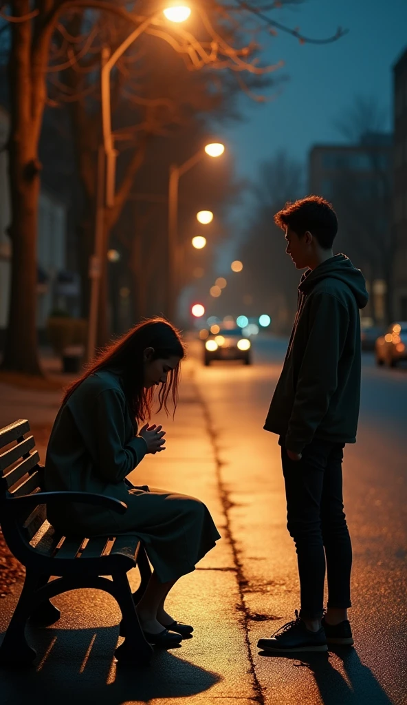 On a quiet, deserted street at night, a young woman is sitting on a bench, lost in her thoughts, her posture reflecting deep sadness. The soft glow of a nearby street lamp bathes her in a gentle, warm light, casting soft shadows on the pavement. The young woman is dressed in a simple outfit, her hands clasped together in her lap, her eyes downcast, as if she's carrying the weight of the world on her shoulders.Standing a few steps away, a young man gazes at her with a look of deep affection and concern. His eyes are filled with tenderness, as if he longs to reach out and comfort her, but hesitates, respecting her space. The way he looks at her is filled with unspoken love, his posture slightly leaning forward as if he's caught between wanting to approach her and giving her the time she needs.The night around them is calm, with the distant sounds of the city muffled by the stillness. The street is lined with trees, their leaves rustling softly in the breeze, and the pavement is wet from a recent rain, reflecting the soft light from the street lamps. The atmosphere is cozy yet tinged with melancholy, capturing the bittersweet emotion of the moment.In the background, the faint outlines of buildings and parked cars are barely visible, fading into the darkness. The scene is intimate, focusing on the two characters and the silent connection between them. The mood is one of quiet yearning and the hope that love can bridge the gap between sadness and comfort. The image beautifully captures the delicate emotions of the night, where love and sorrow coexist under the soft, glowing light of the street lamps.