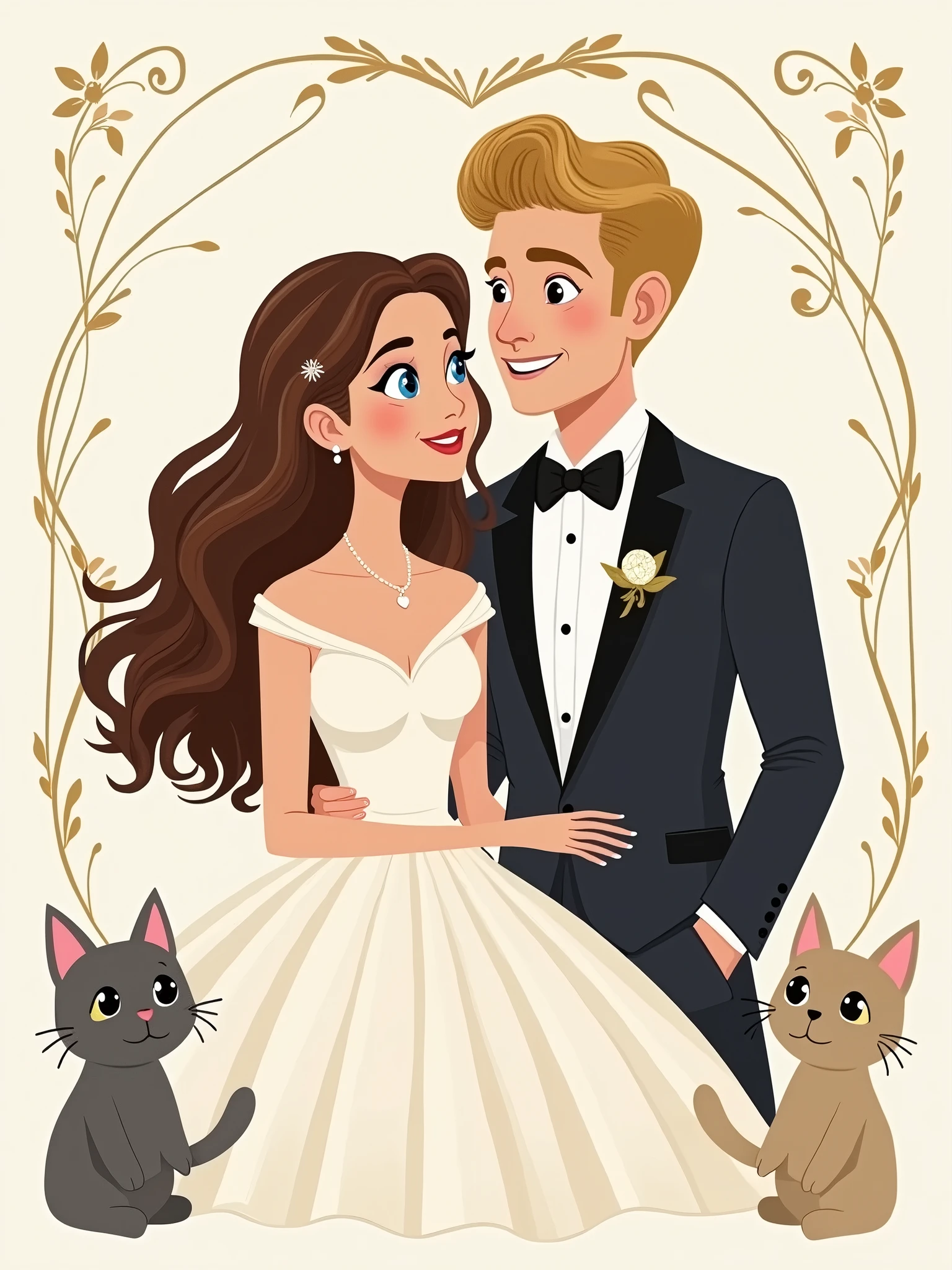 a chic and minimalist wedding invitation. The design showcases Birsu Sun, a radiant bride with wavy hair and brown eyes, and Erkan Eren, a dashing groom with voluminous, wavy blonde hair and blue eyes. two cats at the corner of invitation.