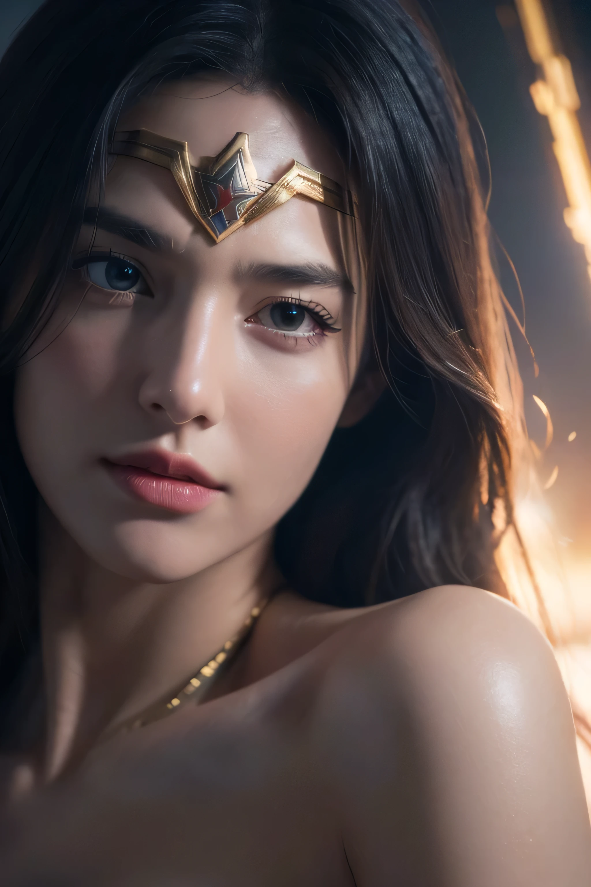 (Highest quality,4K,High resolution:1.2),Very detailed,(Realistic:1.37),Beautifully structured scenes,Dramatic lighting, Wonder Woman from a close-up shot in DC, Twisted space, twisted undead in the background,lens blur,Light Shaft, intricate and complex details, Volumetric lighting, 4K Rendering, Stock Photo, hyperRealistic texture, HDR lighting effects, Unreal Engine,