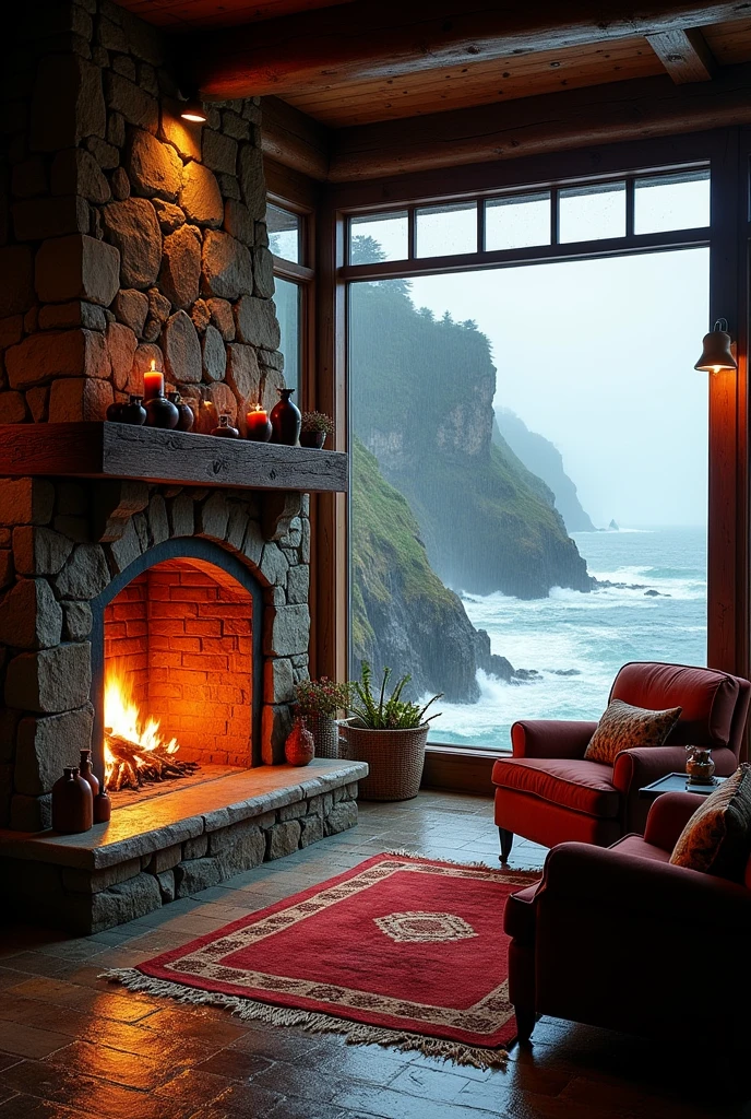 a room with a large fireplace in a house on a cliff、It's raining outside the window。The current perspective is、大きな暖炉が見えている部屋。