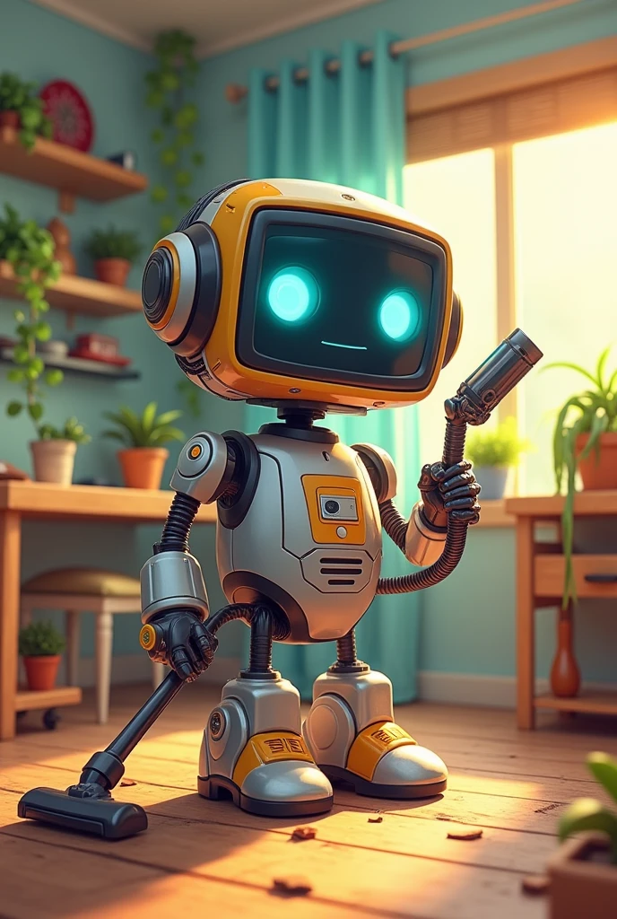 
A robot who has a vacuum cleaner in one hand and a net in another hand 