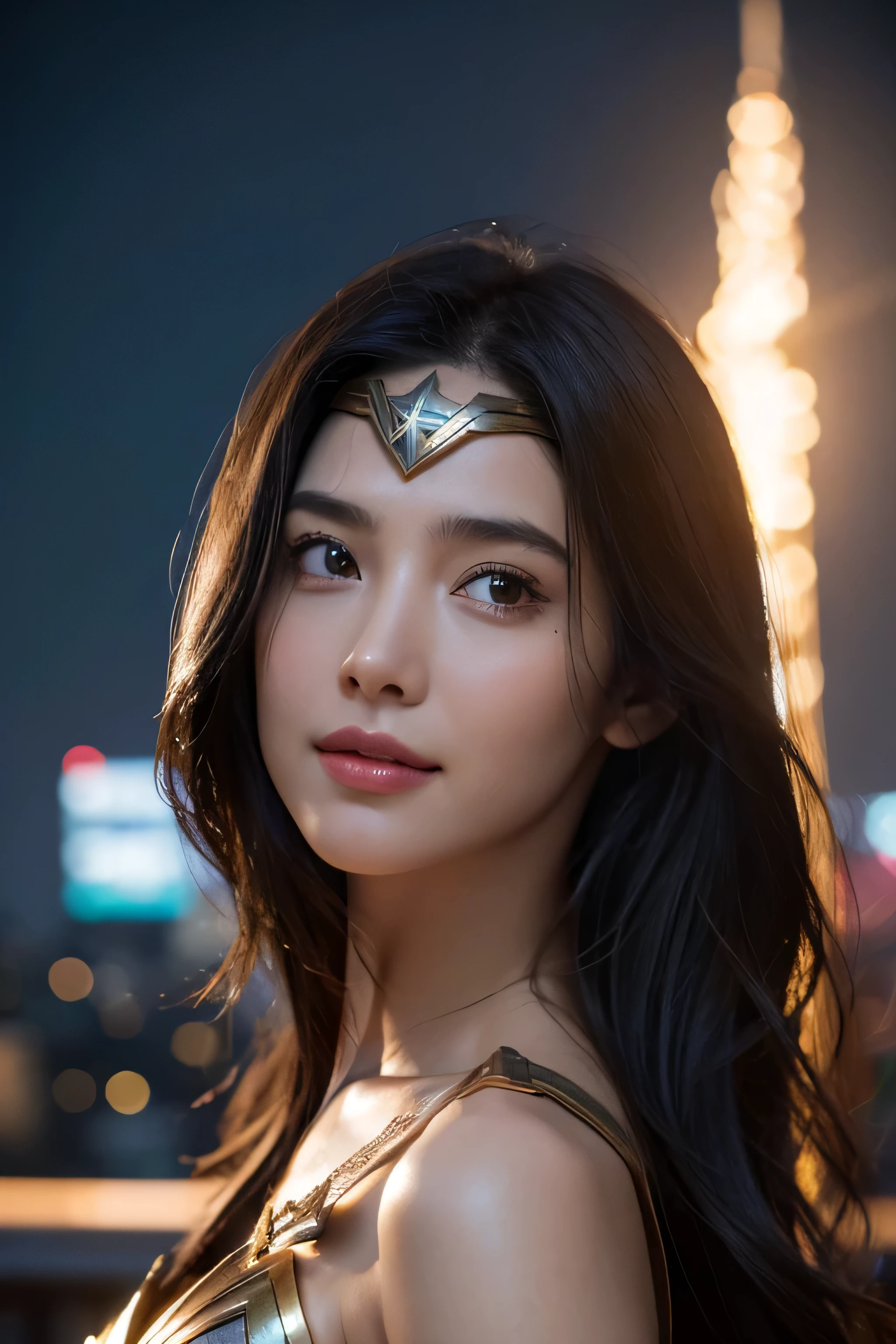 (Highest quality,4K,High resolution:1.2),Very detailed,(Realistic:1.37),Beautifully structured scenes,Dramatic lighting, Wonder Woman from a close-up shot in DC, Twisted space, twisted undead in the background,lens blur,Light Shaft, intricate and complex details, Volumetric lighting, 4K Rendering, Stock Photo, hyperRealistic texture, HDR lighting effects, Unreal Engine,SHY SMILE