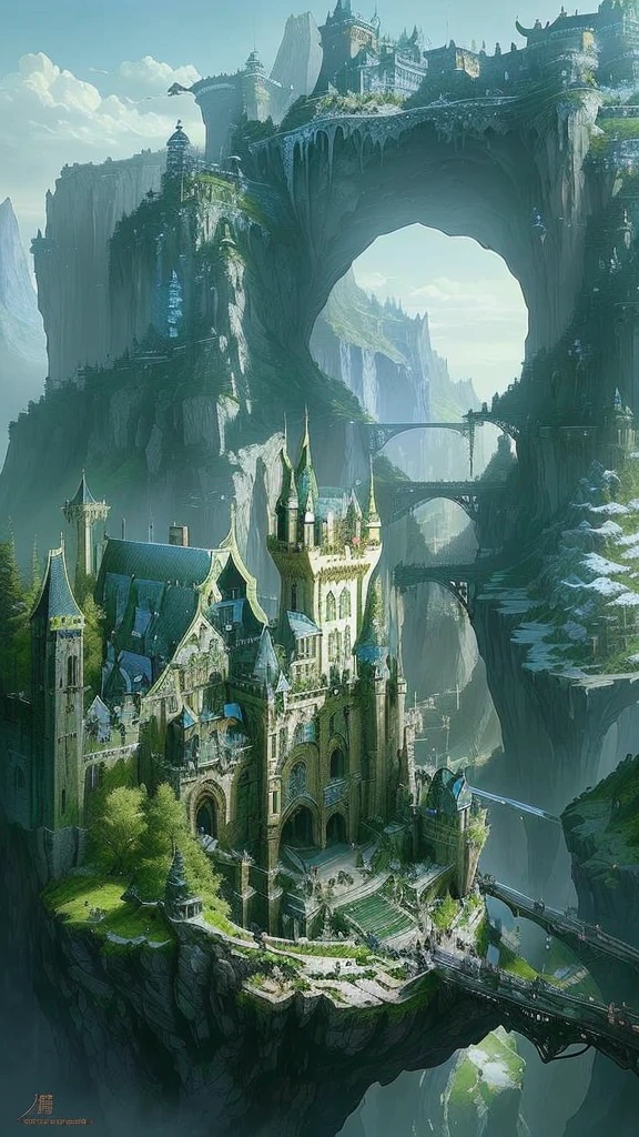 There is a castle on top of the hill，There is a bridge in the middle。, highly Detailed fantasy art, Elf City, Fantasy Architecture, Shanbao City, Fantasy Landscape, Elf Building, Impressive fantasy landscape, Detailed fantasy art, Fantasy setting, Gemasa&#39;s Elven Palace, Epic fantasy HD art, Epic Rivendell Fantasy, Medieval fantasy town