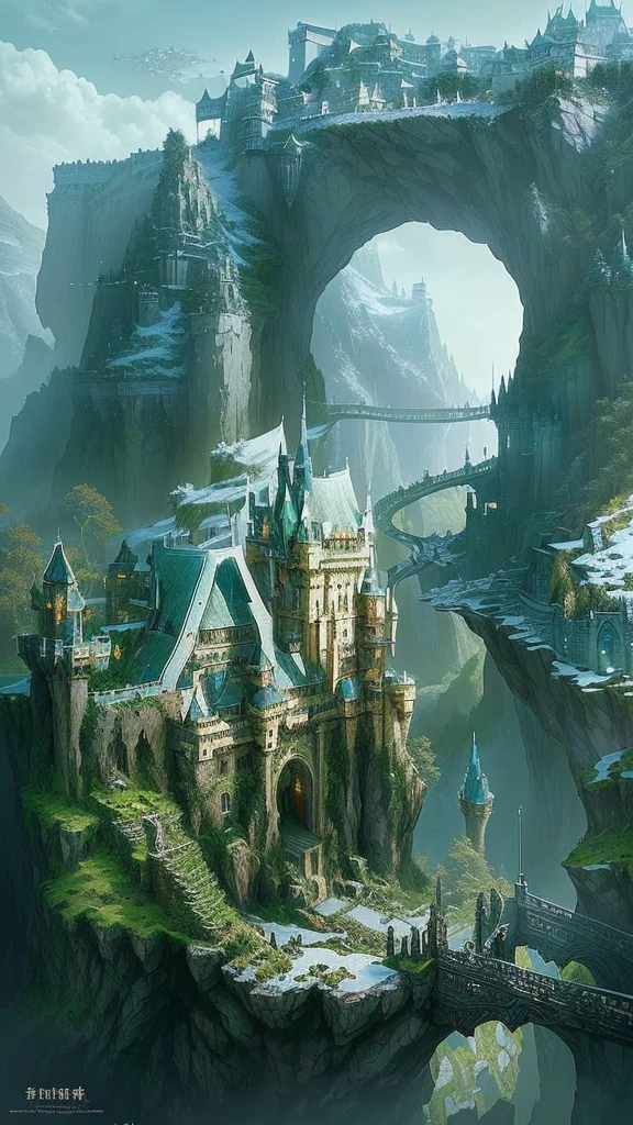 There is a castle on top of the hill，There is a bridge in the middle。, highly Detailed fantasy art, Elf City, Fantasy Architecture, Shanbao City, Fantasy Landscape, Elf Building, Impressive fantasy landscape, Detailed fantasy art, Fantasy setting, Gemasa&#39;s Elven Palace, Epic fantasy HD art, Epic Rivendell Fantasy, Medieval fantasy town