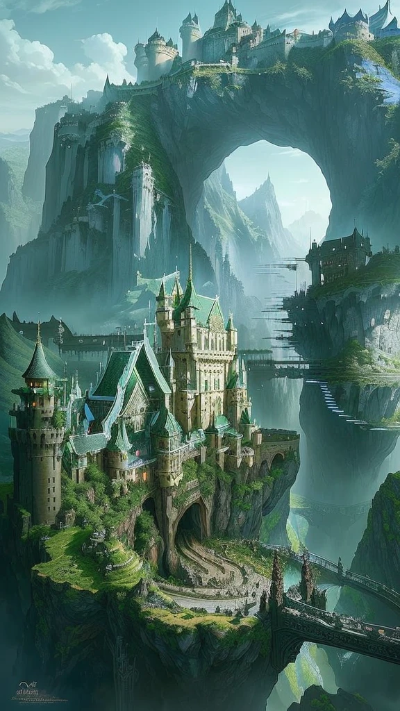 There is a castle on top of the hill,There is a bridge in the middle。, highly Detailed fantasy art, Elf City, Fantasy Architecture, Shanbao City, Fantasy Landscape, Elf Building, Impressive fantasy landscape, Detailed fantasy art, Fantasy setting, Gemasa's Elven Palace, Epic fantasy HD art, Epic Rivendell Fantasy, Medieval fantasy town