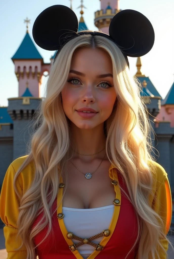 a beautiful 20 year old woman with long blonde hair, blue eyes, high cheekbones, wearing a mickey mouse costume, standing in front of disneyland castle, realistic, (best quality,4k,8k,highres,masterpiece:1.2),ultra-detailed,(realistic,photorealistic,photo-realistic:1.37),detailed facial features,detailed eyes, detailed skin, beautiful detailed face, intricate details, fantasy, whimsical, warm lighting, vibrant colors, cinematic