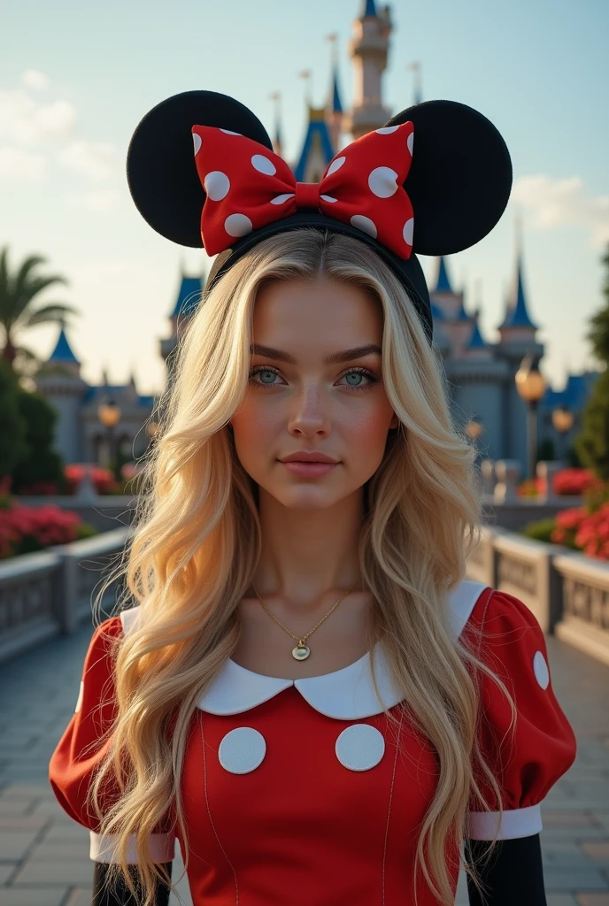 a beautiful 20 year old woman with long blonde hair, blue eyes, high cheekbones, wearing a mickey mouse costume, standing in front of disneyland castle, realistic, (best quality,4k,8k,highres,masterpiece:1.2),ultra-detailed,(realistic,photorealistic,photo-realistic:1.37),detailed facial features,detailed eyes, detailed skin, beautiful detailed face, intricate details, fantasy, whimsical, warm lighting, vibrant colors, cinematic
