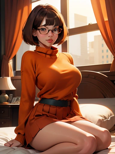 High definition, 8 k quality, work of art, velma, (1 girl, lonely girl) dream girl, Breasts huge, beautiful  face, kissing lips, short straight bob hairstyle, long bangs, perfect make-up, lifelike face, detailedeyes, jade green eyes, brunette hair, eyelash, Room, Sitting in bed, eyes on the spectator, ((orange sweater)), high collar sweater, transparent lens glasses, ((red skirt)),  nsfw skirt, bite the lips, ssmile, White-panties, whole body,