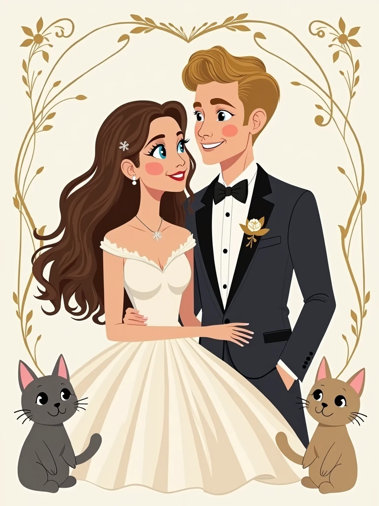 a chic and minimalist wedding invitation. The design showcases Birsu Sun, a radiant bride with wavy hair and brown eyes, and Erkan Eren, a dashing groom with voluminous, wavy blonde hair and blue eyes. two cats at the corner of invitation.