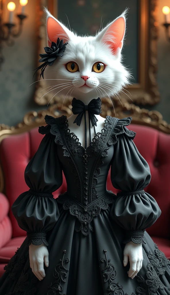 Masterpiece,Best composition,High resolution,Full body image,3D character,Cartoon style,White cat in gothic ta fashion,Classy.
