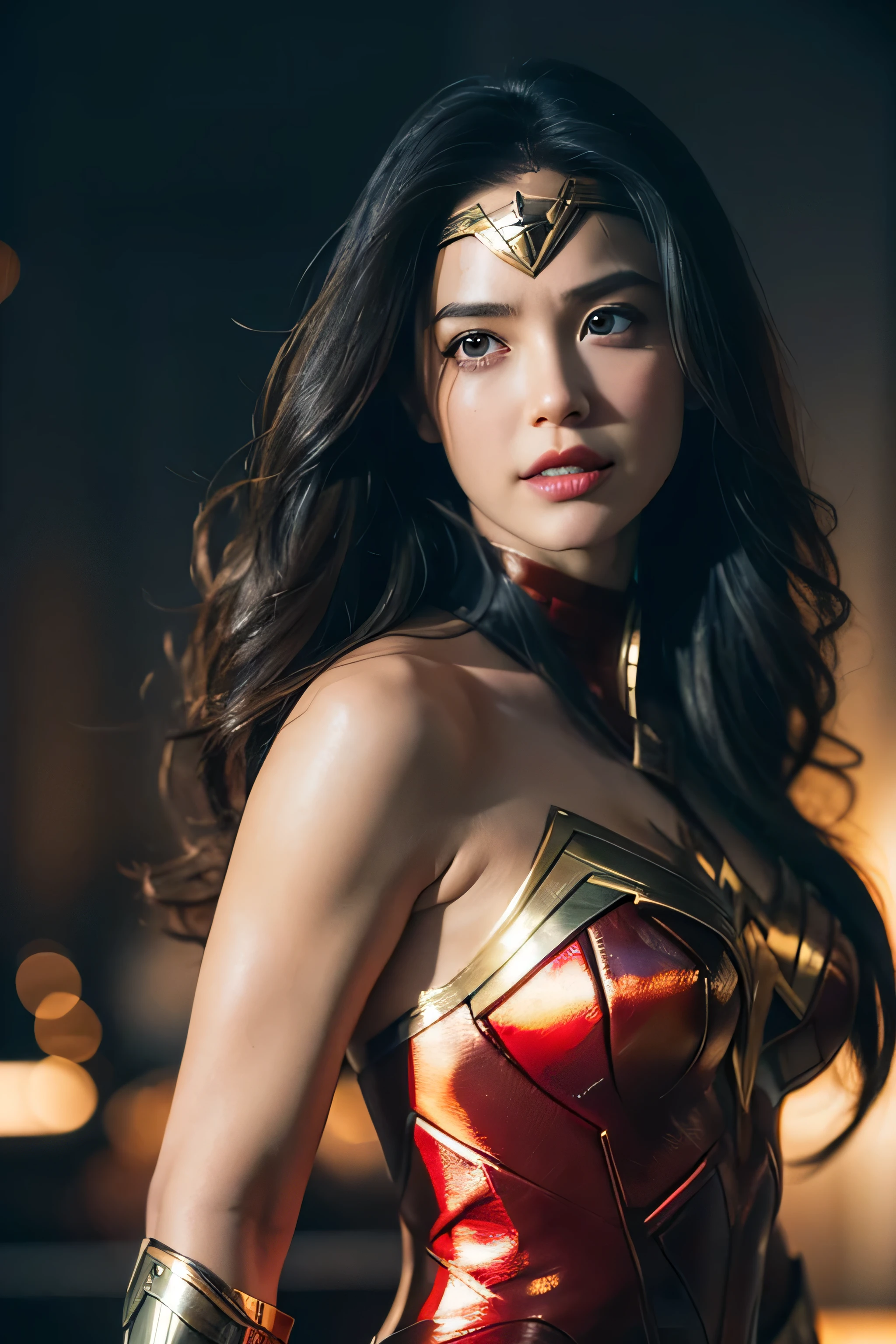 (Highest quality,4K,High resolution:1.2),Very detailed,(Realistic:1.37),Beautifully structured scenes,Dramatic lighting, Wonder Woman from a close-up shot in DC, Twisted space, twisted undead in the background,lens blur,Light Shaft, intricate and complex details, Volumetric lighting, 4K Rendering, Stock Photo, hyperRealistic texture, HDR lighting effects, Unreal Engine,SHY SMILE,Standing gracefully