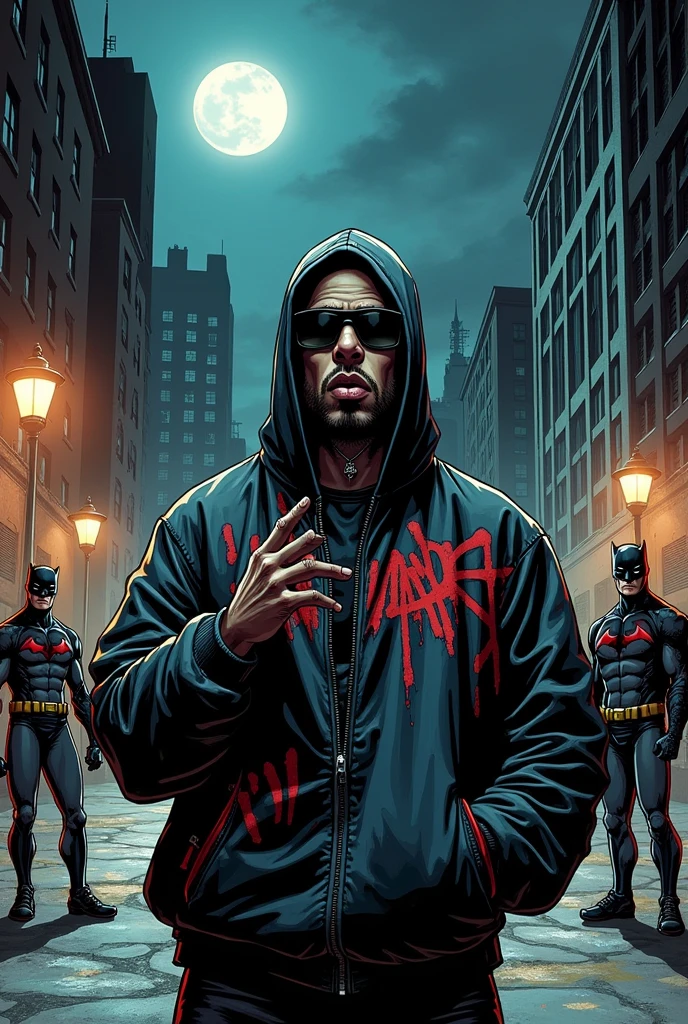 Generate a comic book image for the following description: **Slim Shady:**
```
Yo, it's Slim Shady, the real deal, no fakin',
Gotham's in my hands, and it's mine for the takin'.
You think you're a hero, but you're just a facade,
Like Christopher Reeve, you're crippled and flawed.
``` 8k, hd, comic book-style.